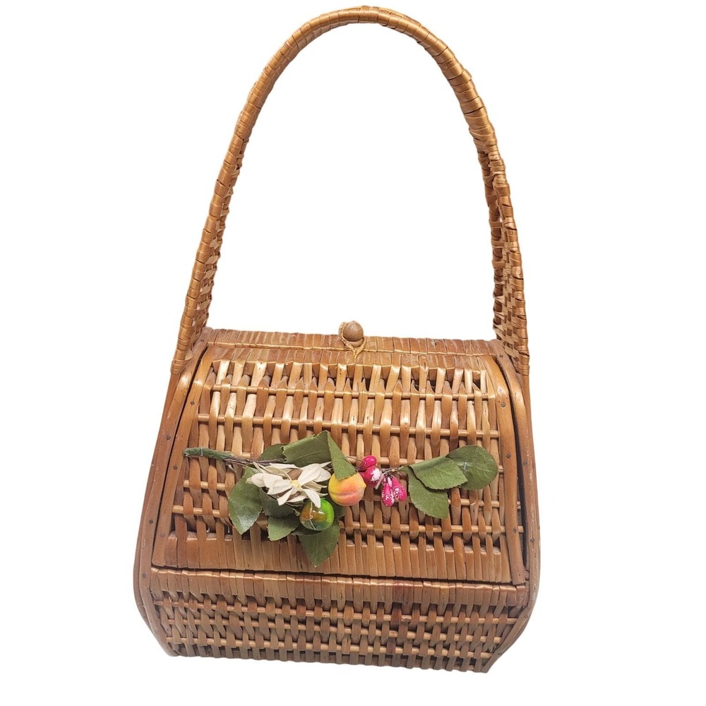Vintage Wicker Purse Top Handle Bag Floral Decoration Unique Brown